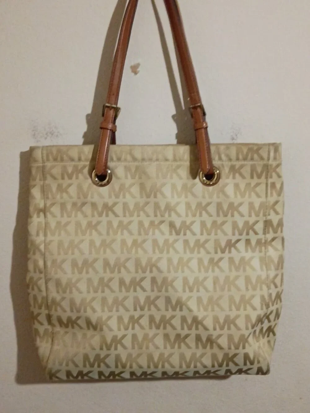 Michael Kors Jet Set Tote Signature Canvas Leather Handbag Camel